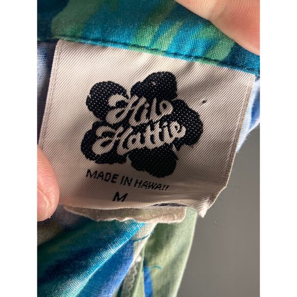 Hilo Hattie Hawaiian Shirt Blue & Green Cotton Tropical Palms ~ Sz M - Picture 6 of 7